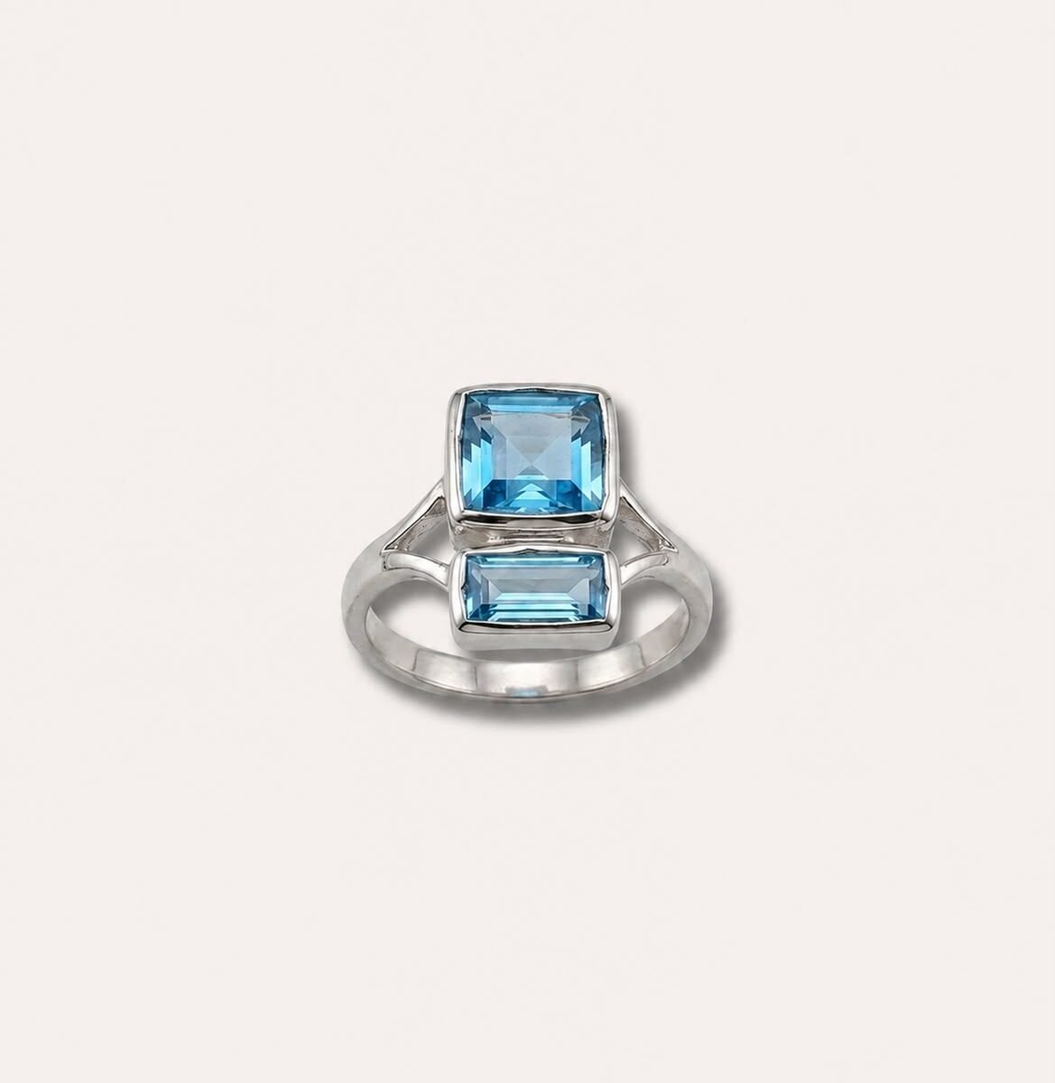 Stacked Two-Stone Blue Topaz Bezel Ring 925 Sterling Silver Solitaire Ring